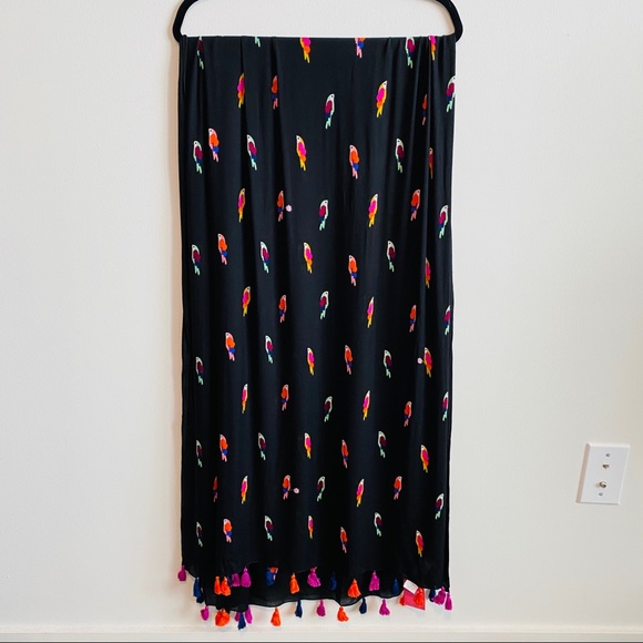 Kate Spade Black Multicolor Birds Scarf with Pompom Fringe Edge - Picture 7 of 13